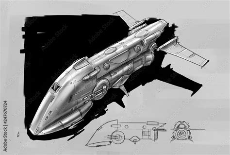 Concept art design drawing of sci-fi or science fiction spaceship ...