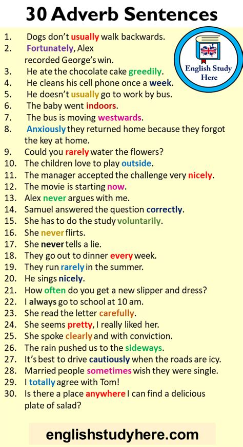 30 Adverb Sentences, Example Sentences with Adverbs in English ...