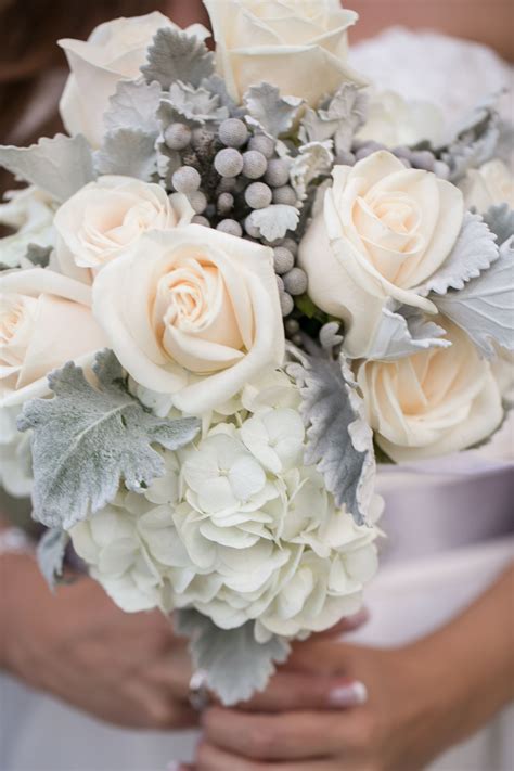 White Hydrangeas, Vendella Roses, Dusty Miller Wedding Bouquet | winter ...