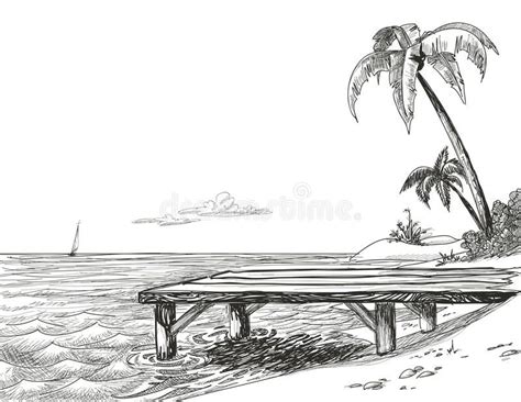 Beach sketch. Beach, sea and wooden jetty drawing , #spon, #sea, # ...