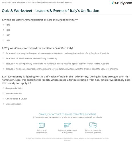 Quiz & Worksheet - Leaders & Events of Italy's Unification | Study.com