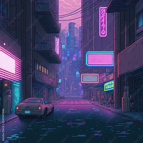 Cyberpunk neon city night. Futuristic city scene in a style of pixel ...