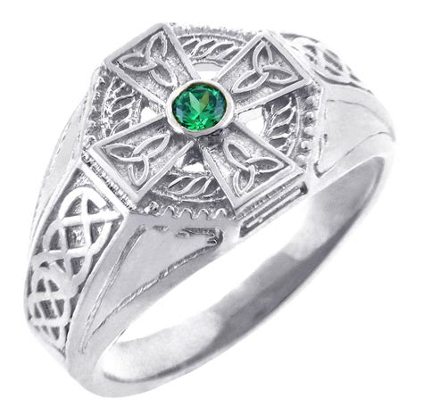 Men's Celtic Band- Silver Celtic Ring Mens with Emerald