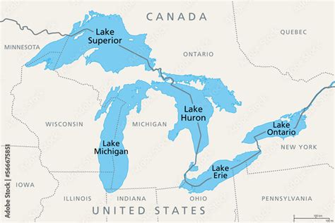 Great Lakes of North America, political map. Lake Superior, Michigan ...