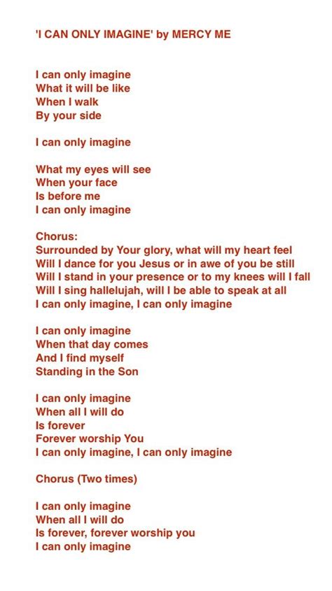 a poem written in red on white paper with the words i can only imagine ...