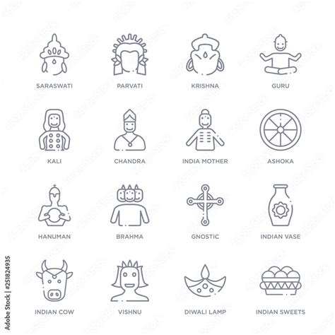 set of 16 thin linear icons such as indian sweets, diwali lamp, vishnu ...