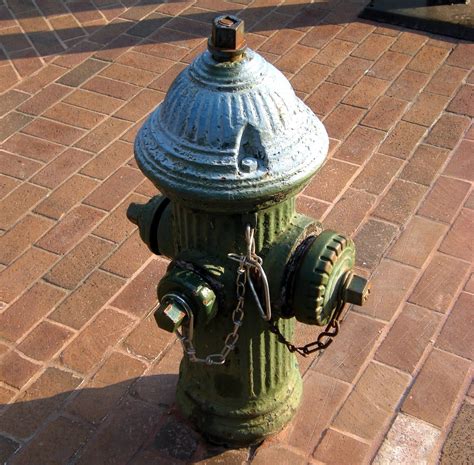 a green fire hydrant sitting on top of a brick sidewalk