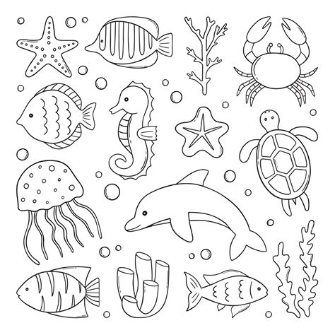 Hand drawn set of Fish and wild marine animals doodle. Sea life. Turtle ...