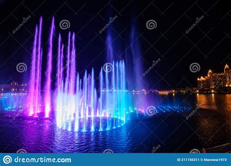 Dubai, UAE - Feb 5, 2020: Fountain at Dubai`s the Pointe at Palm ...