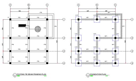 Footing tie beam framing and foundation plan autocad file - Cadbull