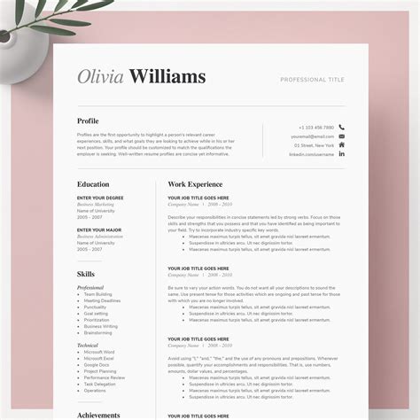 One Page Resume Template Word CV Template Cover Letter References for ...