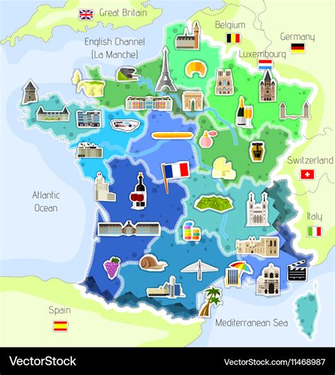 Map france with landmarks Royalty Free Vector Image