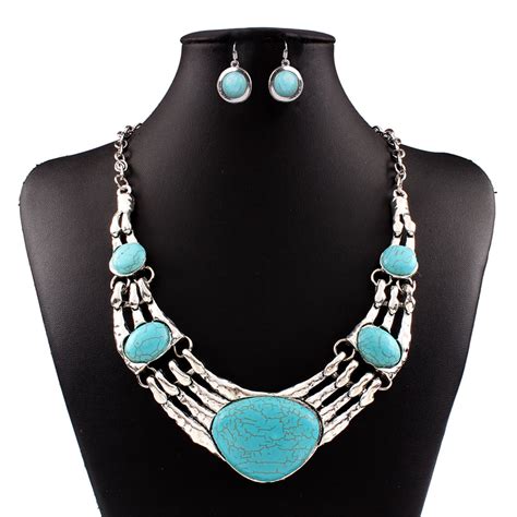 Vintage Turquoise Pendant Necklace And Earrings Jewelry Sets Tibetan ...