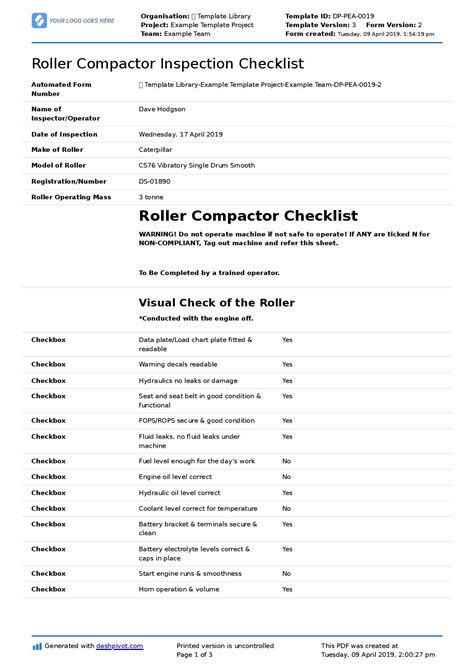 Free Roller Compactor Inspection Checklist (Customisable), 52% OFF