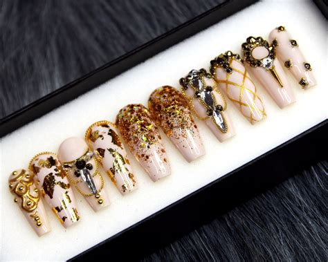 Luxury Golden Press on Nails Coffin Marble Glue on Nails - Etsy