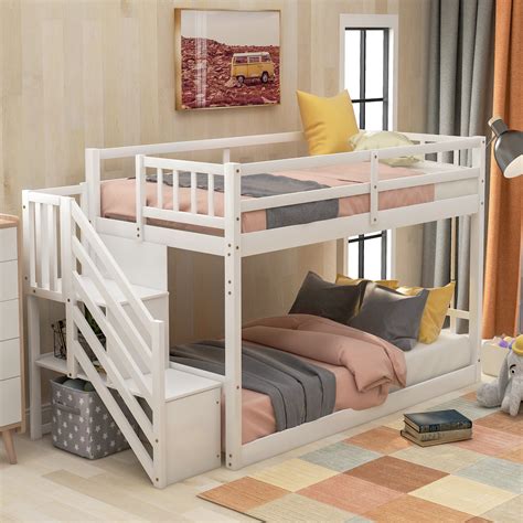 Buy Euroco Wood Twin over Twin Floor Bunk Bed with Stairs for Kids Room ...