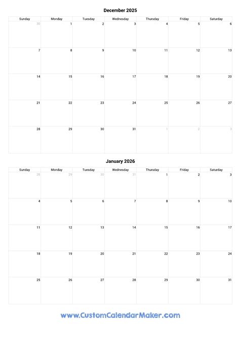 December 2025 and January 2026 Printable Calendar Template