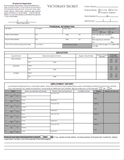 Victoria's Secret Application - Printable Job Forms