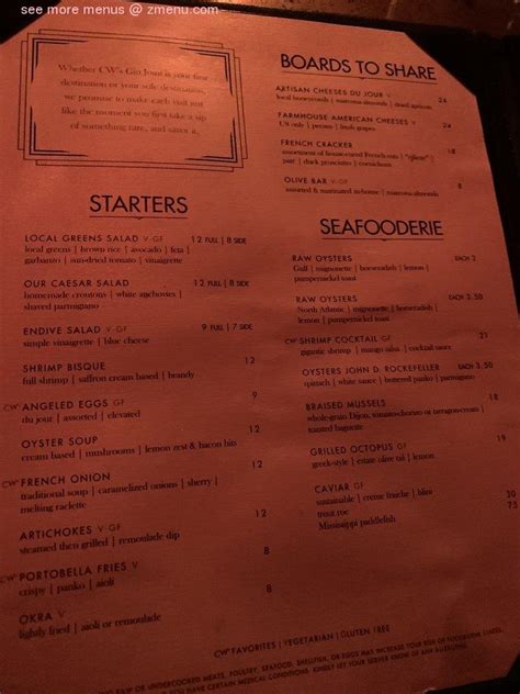 Menu at CW's Gin Joint pub & bar, Tampa