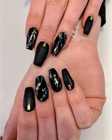 Acrylic nails, coffin nails, black nails, marble nails, nail art, gold ...