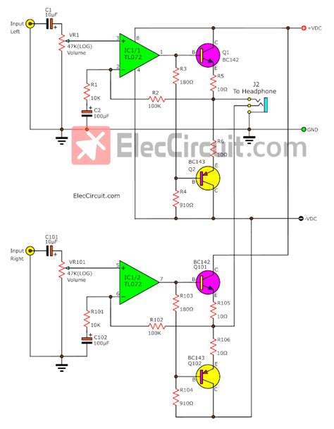 HiFi Headphone amplifier circuit using TL072 low noise | Elec Circuit