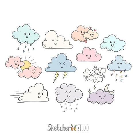 Happy Clouds Clipart 12 Hand Drawn Digital Images With | Etsy