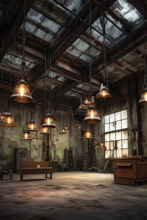 Industrial Warehouse Ceiling with Hanging Lights Stock Image - Image of ...