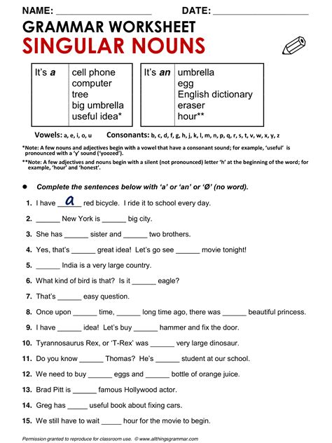 English Grammar Singular Nouns (with 'a' and 'an') www.allthingsgrammar ...