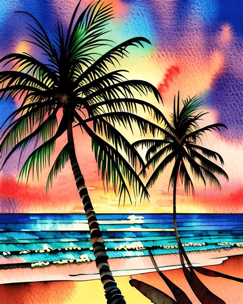 Hawaii Beach Sunset Watercolor Painting · Creative Fabrica