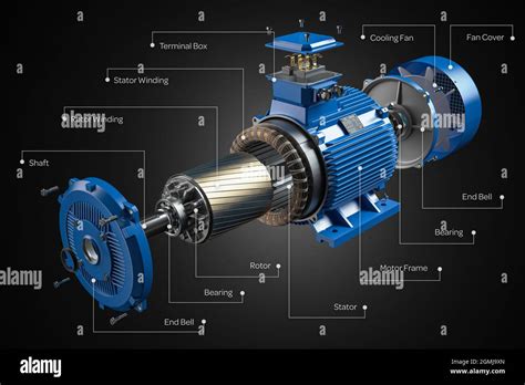 Electric motor parts and structure on black background. 3d illustration ...