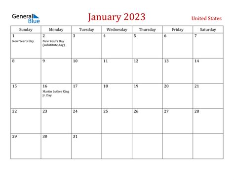 January 2023 Print Calendar - Calendar 2023 With Federal Holidays