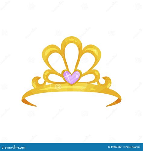 Golden Queen Crown with Precious Purple Stone in Shape of Heart. Shiny ...