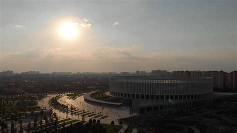 KRASNODAR, RUSSIA - JULY 20, 2019: - Aerial view of sunset the stadium ...