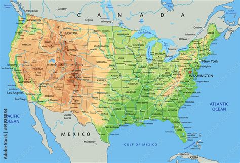 High detailed United States of America physical map with labeling ...