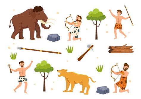 Prehistoric Stone Age Tribes Hunting Large Animals with Weapon in Flat ...