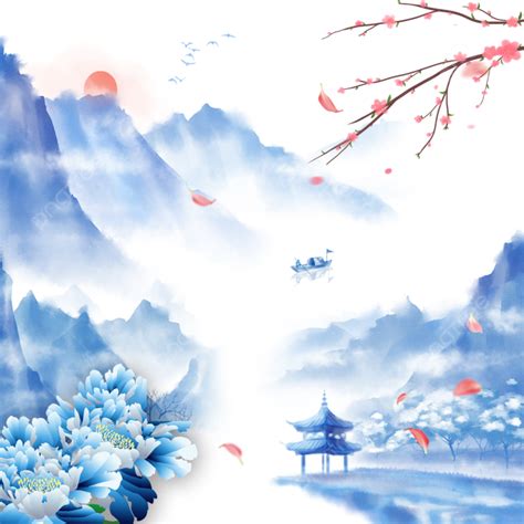 Chinese Style Simple Ink Landscape Painting Plum Blue Background ...