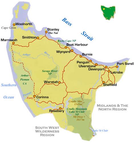 North West Tasmania Road & Region Map