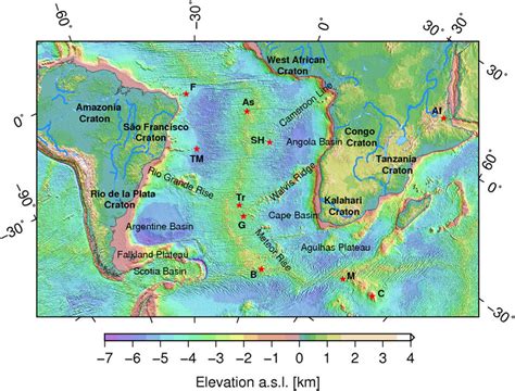 Topographic map of the South Atlantic and adjacent continents from ...