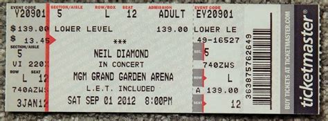 NEIL DIAMOND ORIGINAL CONCERT USED TICKET, MGM GRAND VEGAS,SEPTEMBER 1 ...