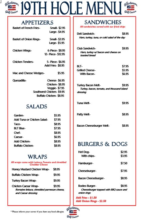 Daily Menu - Westover Municipal Golf Course