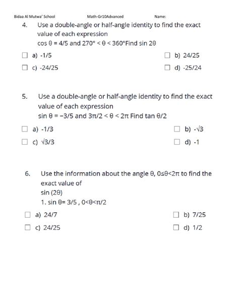 Double Angle Identities Worksheet Answers - Angleworksheets.com