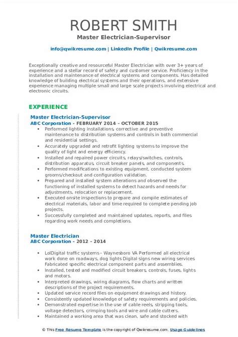 Master Electrician Resume Samples | QwikResume