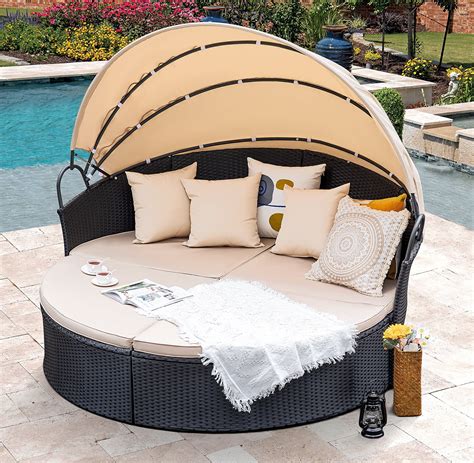 Homall Outdoor Daybed With Retractable Canopy Sectional Rattan Round ...