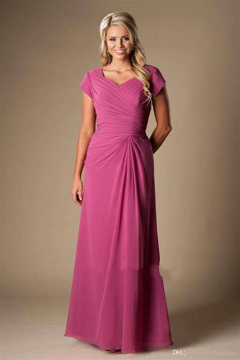 Magenta Long Chiffon Modest Bridesmaid Dresses Short Sleeves Floor ...