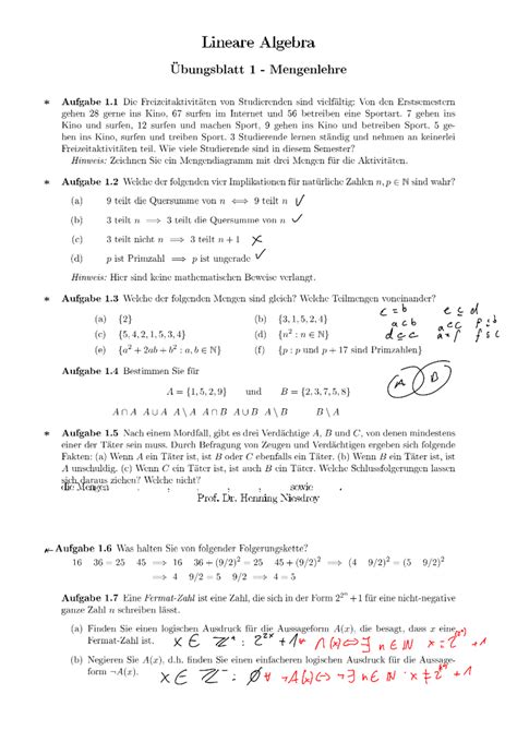 Mengenlehre Erste Übungen - Lineare Algebra - ⇤ - Studocu