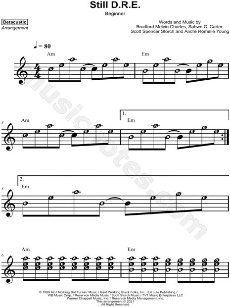 Betacustic "Still D.R.E. [beginner]" Sheet Music for Beginners in A ...