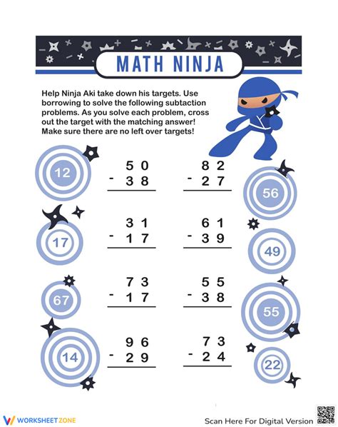 Ninja Math: Target Practice With Borrowing Worksheet