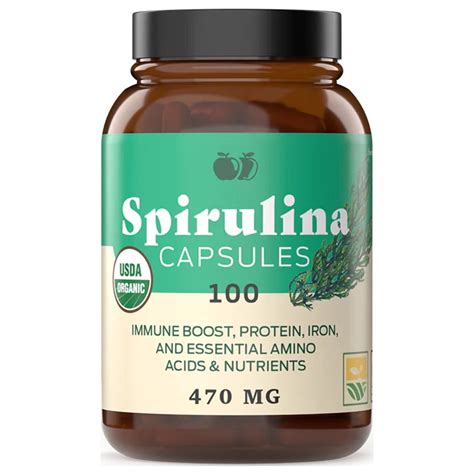 Organic Spirulina Capsules - 470mg Capsules 100 Pills, Non GMO, Natural ...