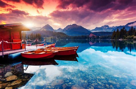 Download Slovakia High Tatras Sunset Mountain Lake Vehicle Boat HD ...