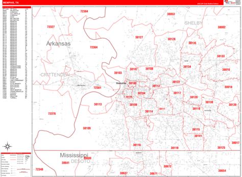 Memphis Tennessee Zip Code Wall Map Red Line Style By Marketmaps ...